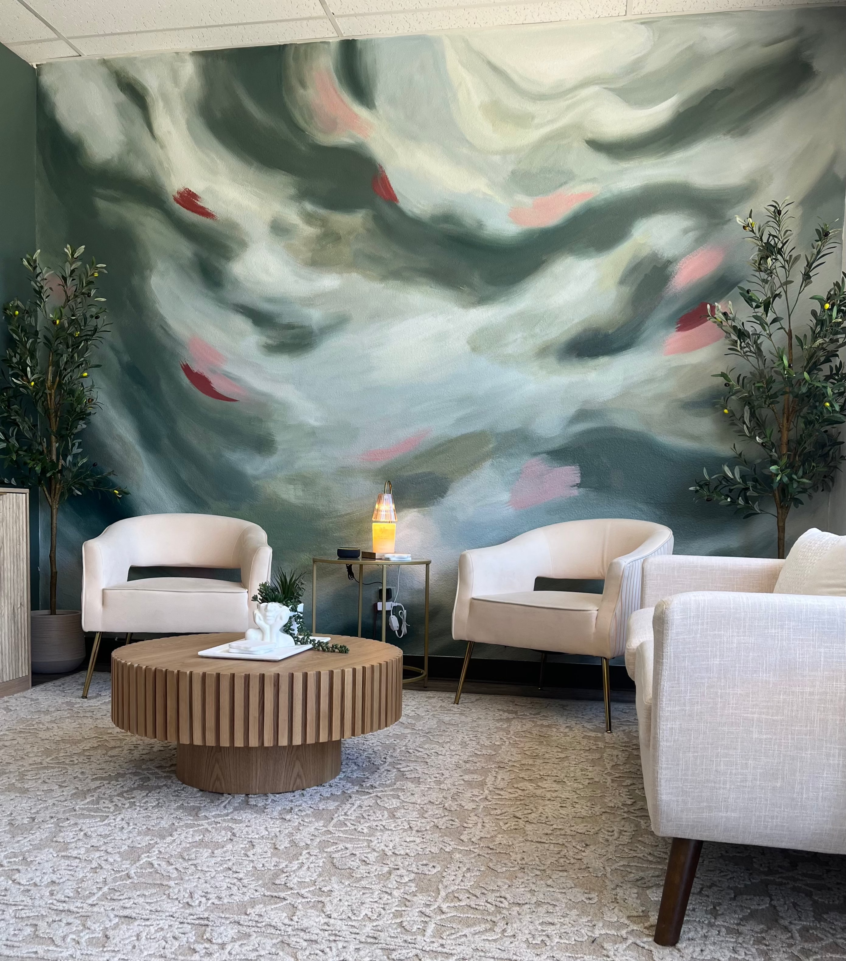 Modern office lobby, hand painted abstract green mural painting